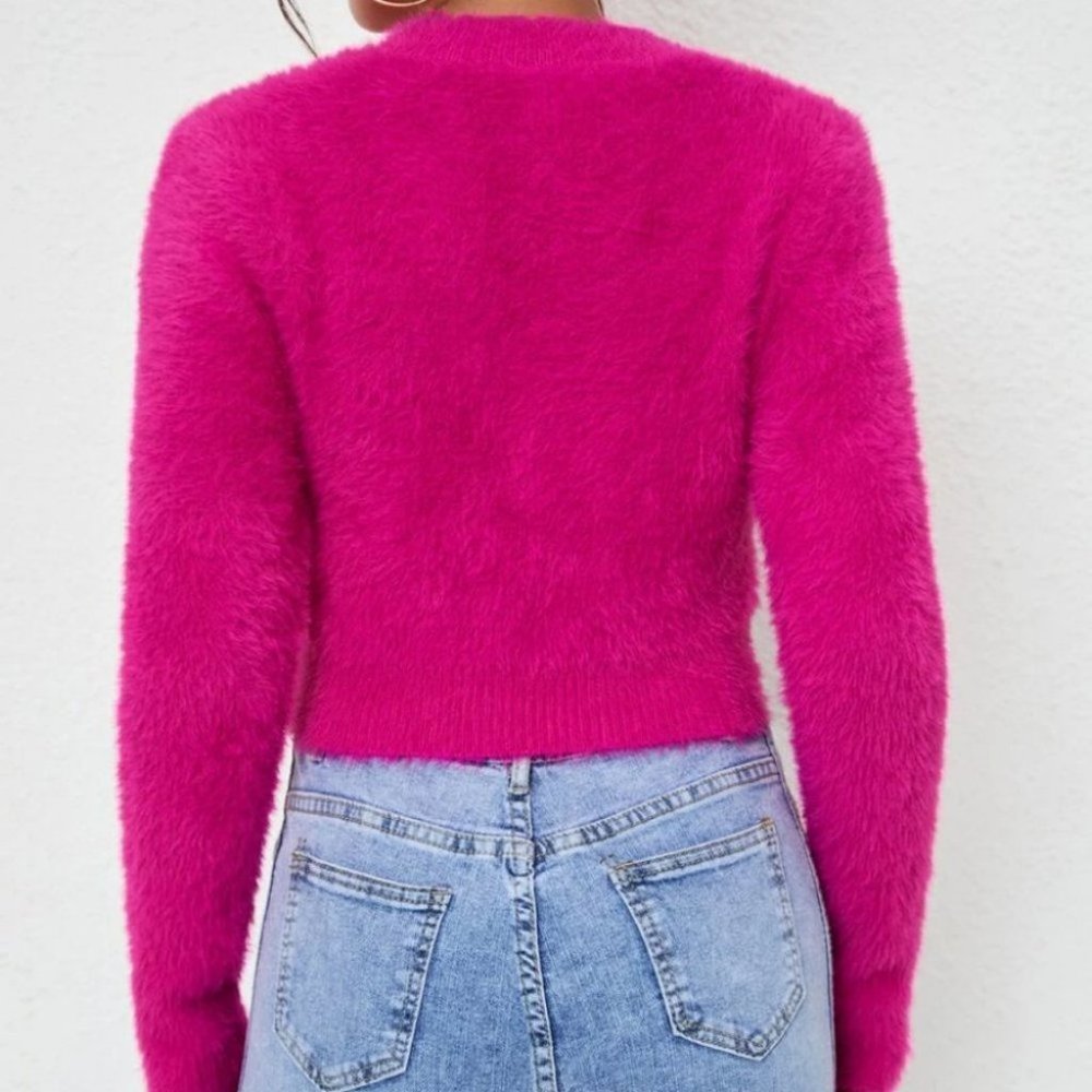Comfy Heart Cut Out soft Fuzzy hot pink knit Sweater top - Picture 5 of 6
